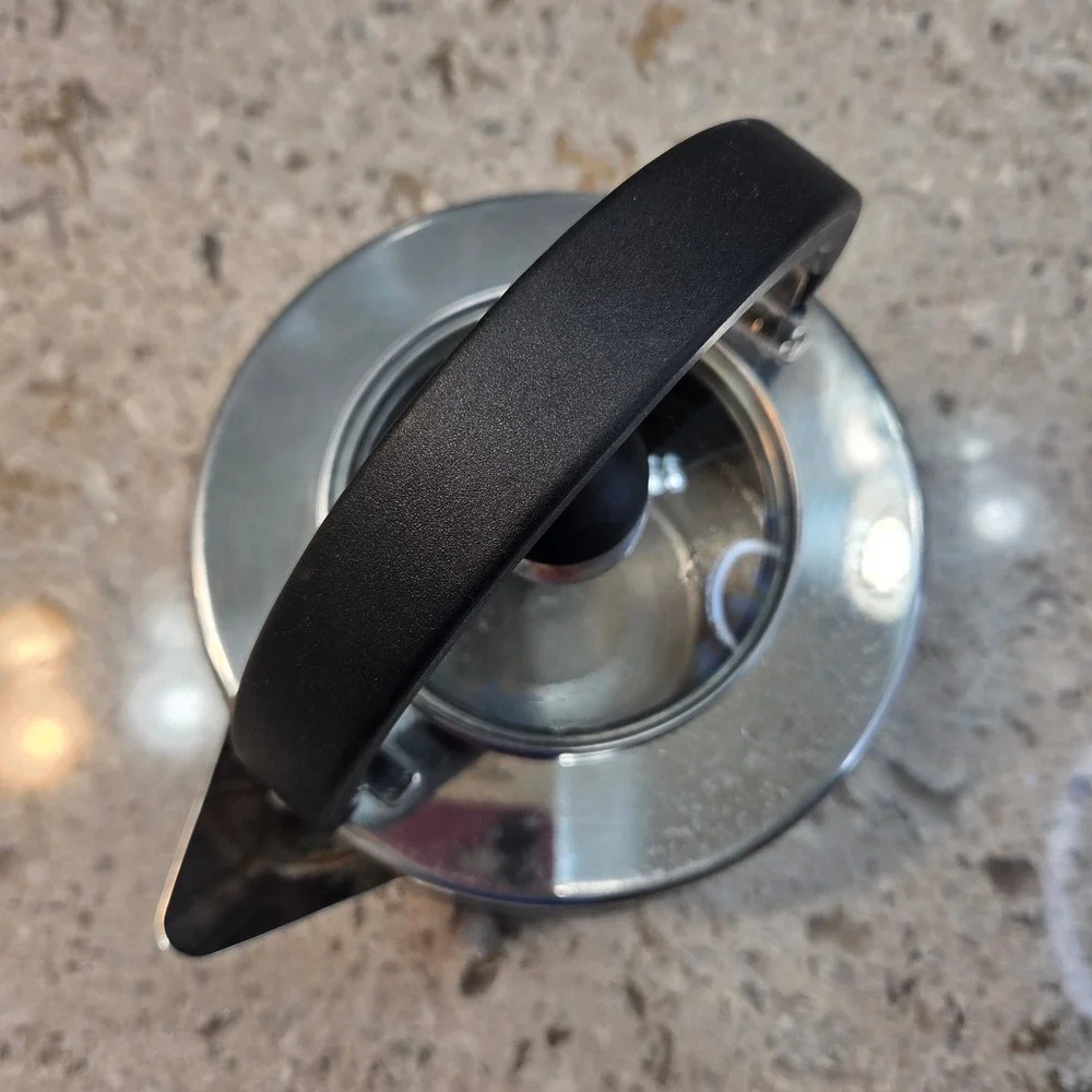 Stainless Steel Stovetop Tea Kettle with Glass Lid and Black Arched Handle
